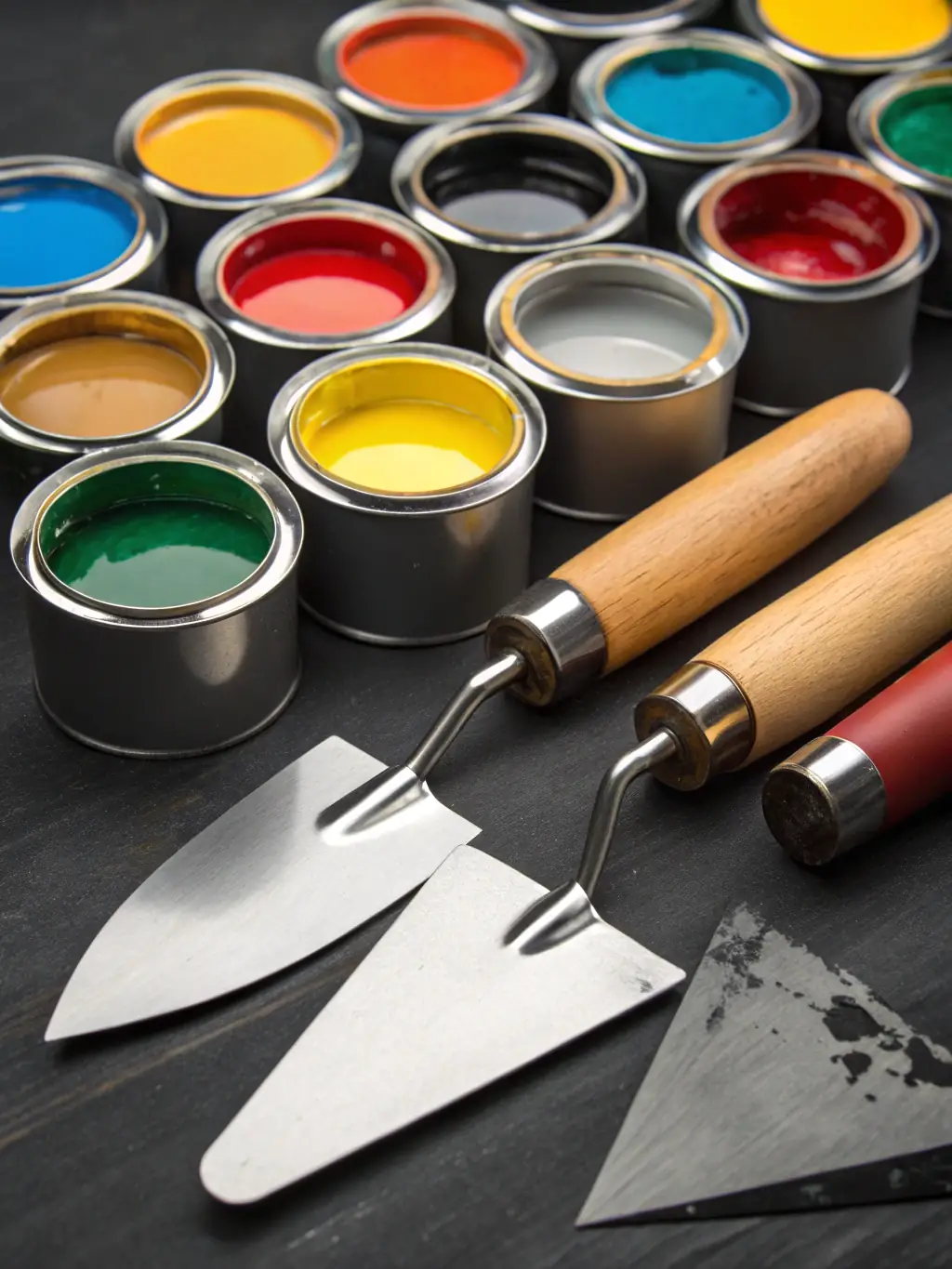 A collection of paintbrushes and rollers next to several open cans of CAN Industry paints, with a color chart in the background, emphasizing the tools and resources available for painting projects.